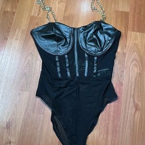 black and gold chain strap mesh bodysuit